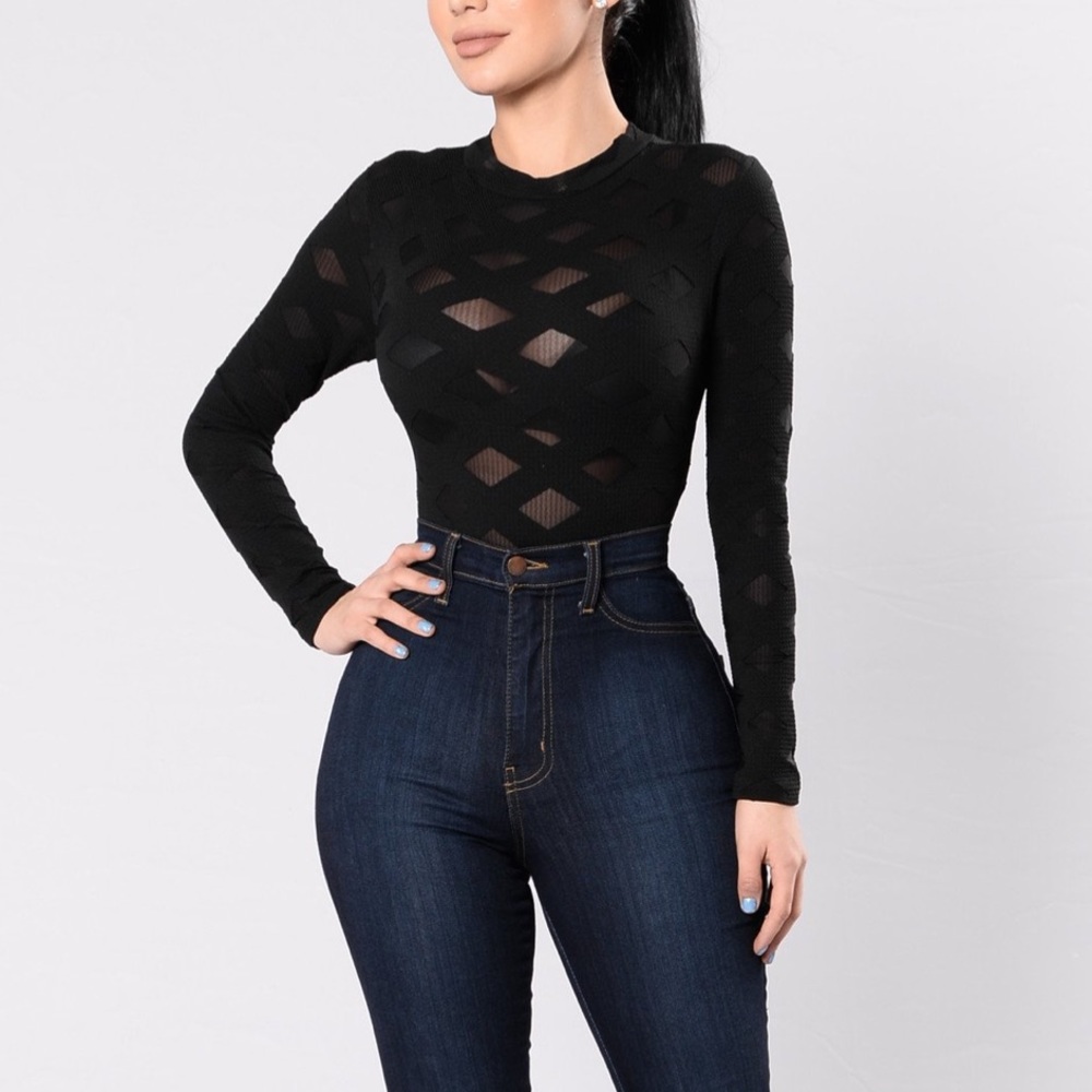 Fashion Nova Black Long Sleeve Sheer Diamond Cutout Top